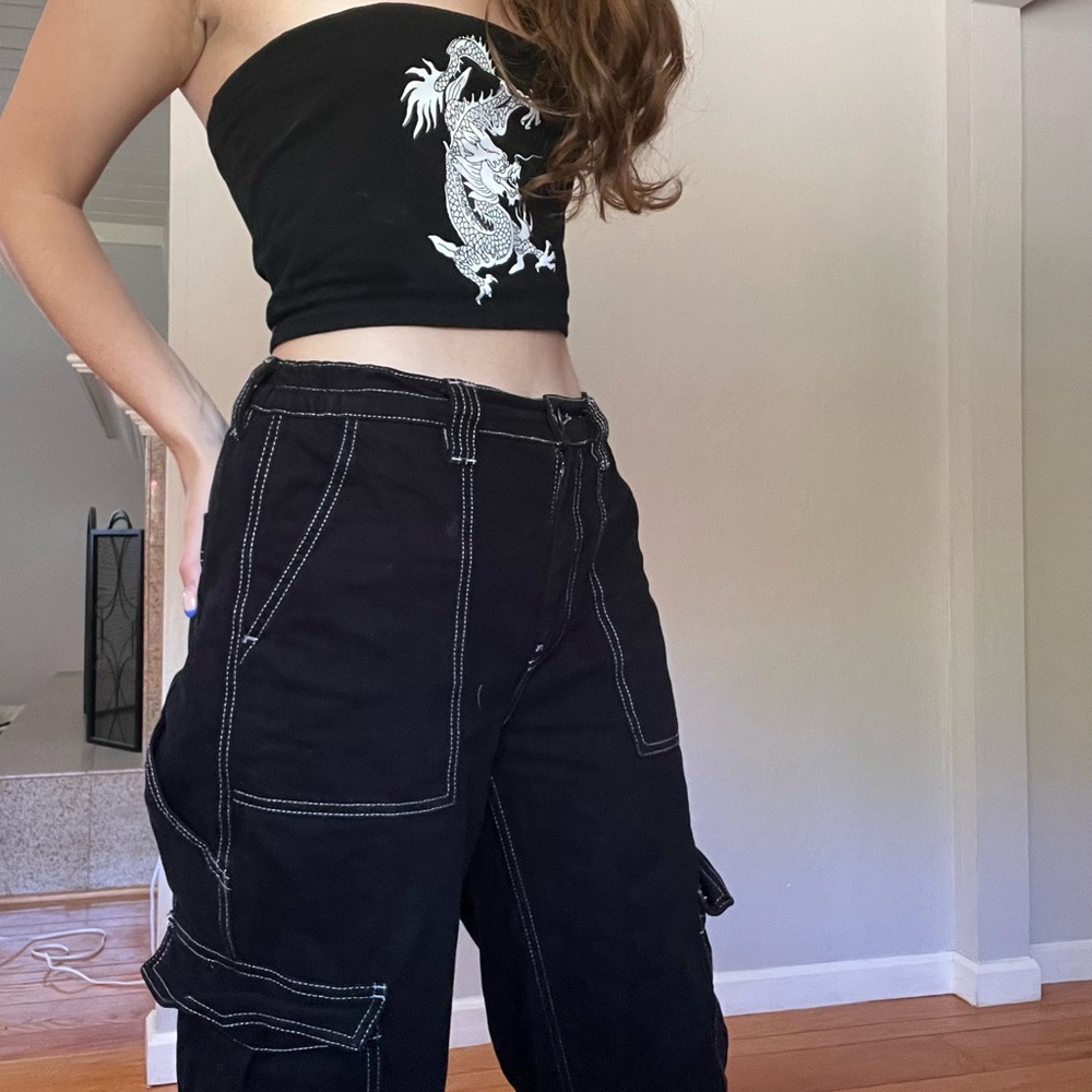 Black heavy denim cargo pants with white stitching